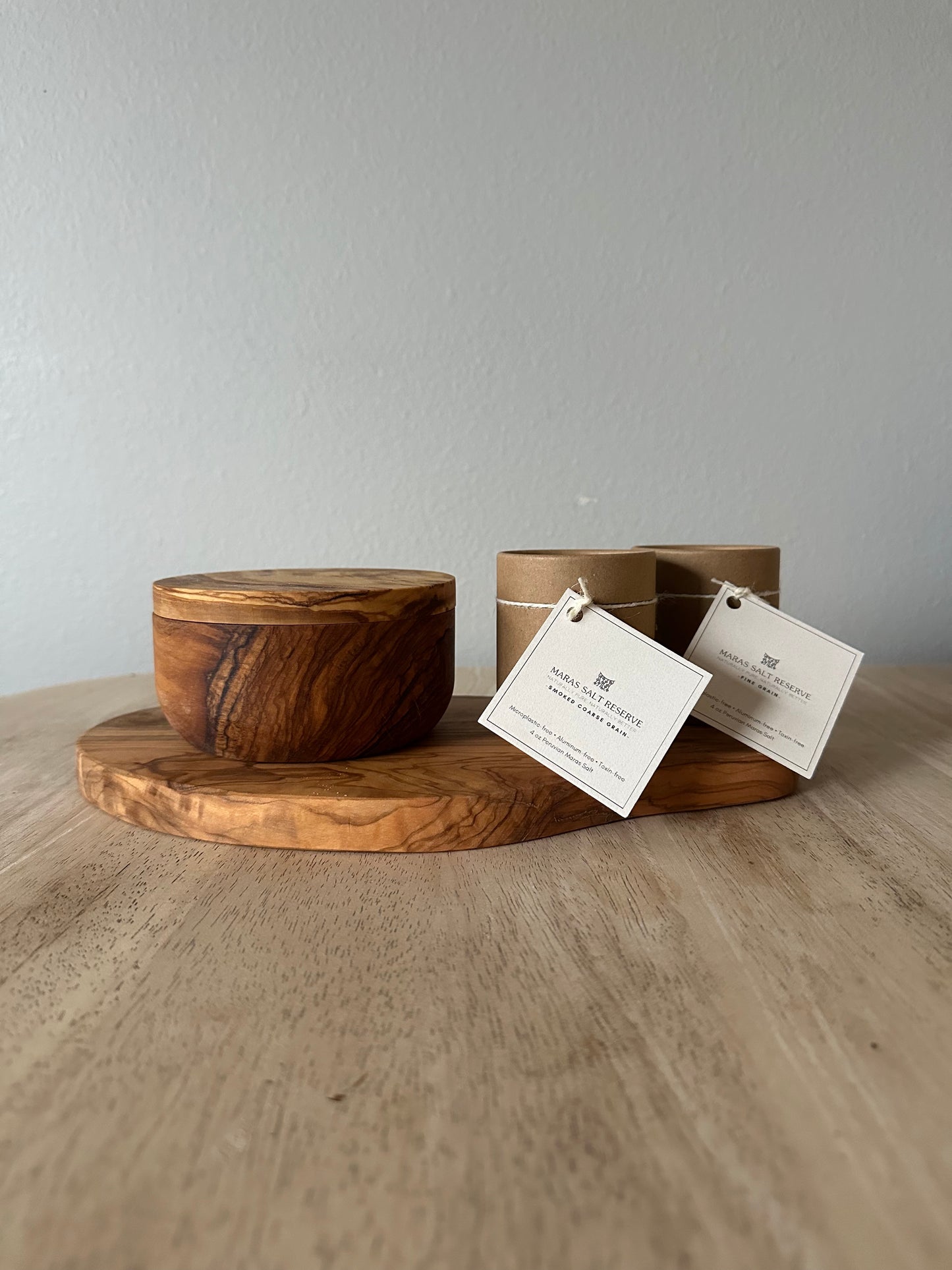 Dual-Compartment Olive Wood Salt Cellar with Fine & Coarse Maras Salt