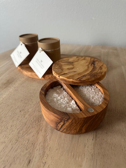 Dual-Compartment Olive Wood Salt Cellar with Fine & Coarse Maras Salt